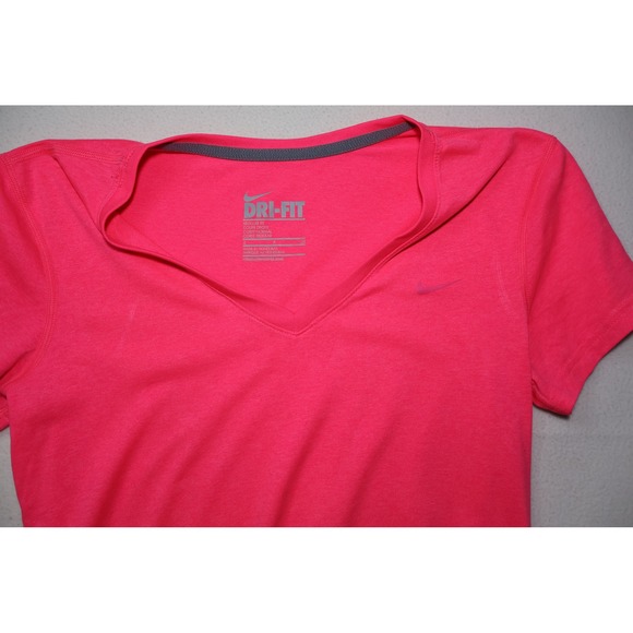 Nike Dri-FIT Womens V-Neck Short Sleeve Training T-Shirt Neon Pink Small - Picture 2 of 4